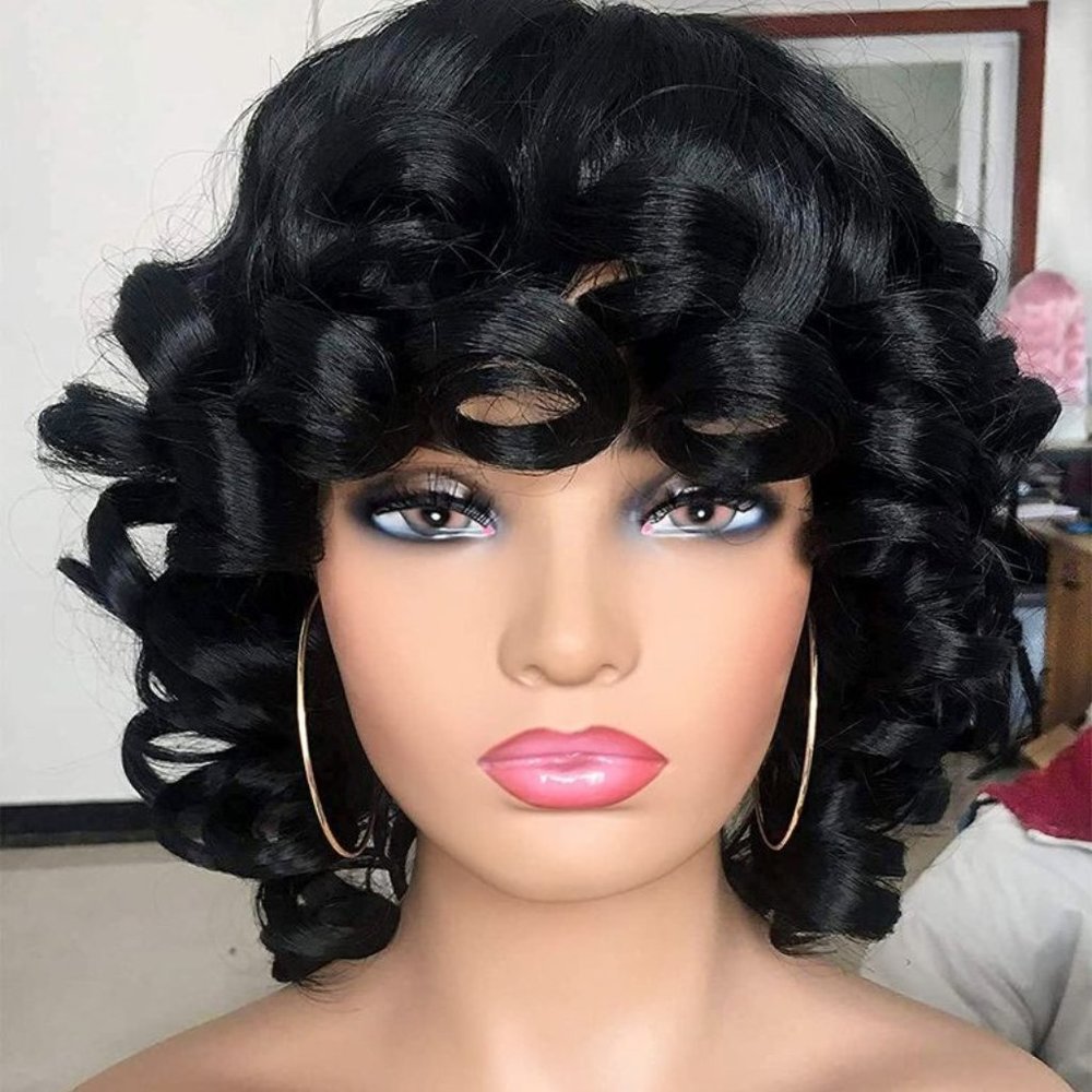 Big Curly Pin Curl Synthetic Wig With Bangs jet black